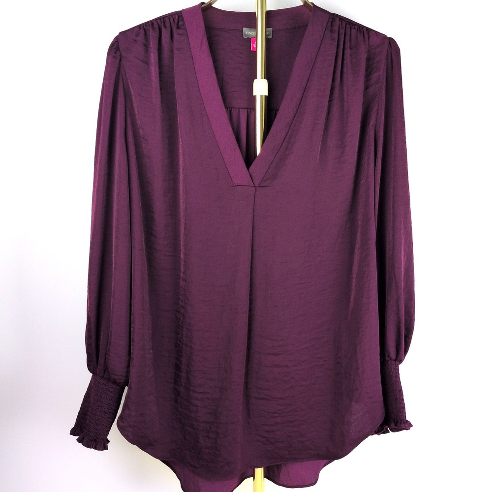 Vince Camuto Women 1X Blouse Purple Satin Smocked Cuff V-Neck Pleated Top